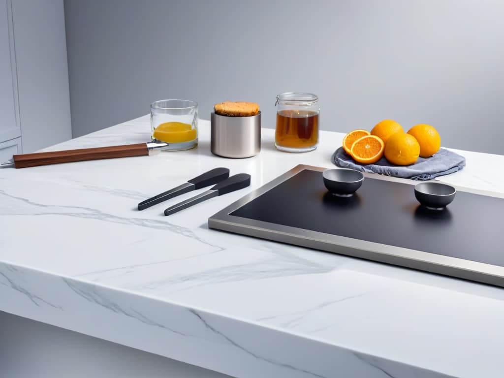  An 8k ultradetailed image of a sleek, minimalistic baking tool set laid out on a pristine white marble countertop. The tools are elegantly designed with a universal appeal, showcasing a seamless blend of form and function. Each tool is strategically placed to emphasize its ergonomic design and inclusive features, embodying innovation in baking utensils. The image captures the essence of modern, professionalgrade baking equipment, inspiring inclusivity and creativity in the kitchen. hyperrealistic, full body, detailed clothing, highly detailed, cinematic lighting, stunningly beautiful, intricate, sharp focus, f/1. 8, 85mm, (centered image composition), (professionally color graded), ((bright soft diffused light)), volumetric fog, trending on instagram, trending on tumblr, HDR 4K, 8K