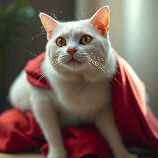  a white cat hyperrealistic, full body, detailed clothing, highly detailed, cinematic lighting, stunningly beautiful, intricate, sharp focus, f/1. 8, 85mm, (centered image composition), (professionally color graded), ((bright soft diffused light)), volumetric fog, trending on instagram, trending on tumblr, HDR 4K, 8K