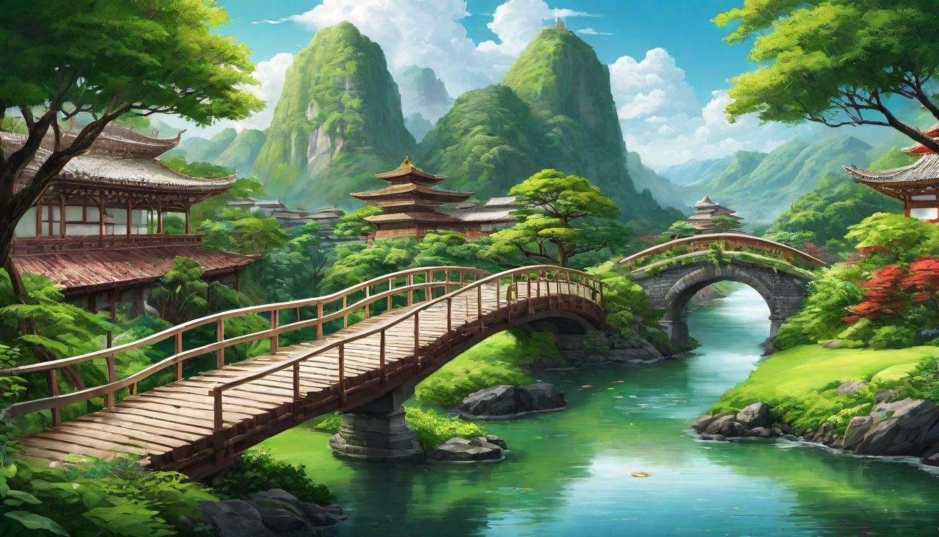  digital illustration A bridge spanning between traditional medical buildings and a lush green landscape with meditation and yoga, transcending healthcare boundaries, bridging, expansive looking at viewer, dynamic pose, (intricate details, masterpiece, best quality)