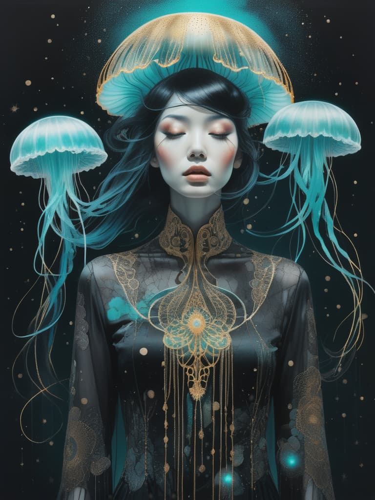  photo RAW, (Black, petrol and neon turquoise :  ghostly jellyfish woman, shiny aura, highly detailed, gold filigree, intricate motifs, organic tracery, by Android jones, Januz Miralles, Hikari Shimoda, glowing stardust by W. Zelmer, perfect composition, smooth, sharp focus, sparkling particles, lively coral reef and stars in the background Realistic, realism, hd, 35mm photograph, 8k), masterpiece, award winning photography, natural light, perfect composition, high detail, hyper realistic, High definition hyperrealistic, full body, detailed clothing, highly detailed, cinematic lighting, stunningly beautiful, intricate, sharp focus, f/1. 8, 85mm, (centered image composition), (professionally color graded), ((bright soft diffused light)), volumetric fog, trending on instagram, trending on tumblr, HDR 4K, 8K