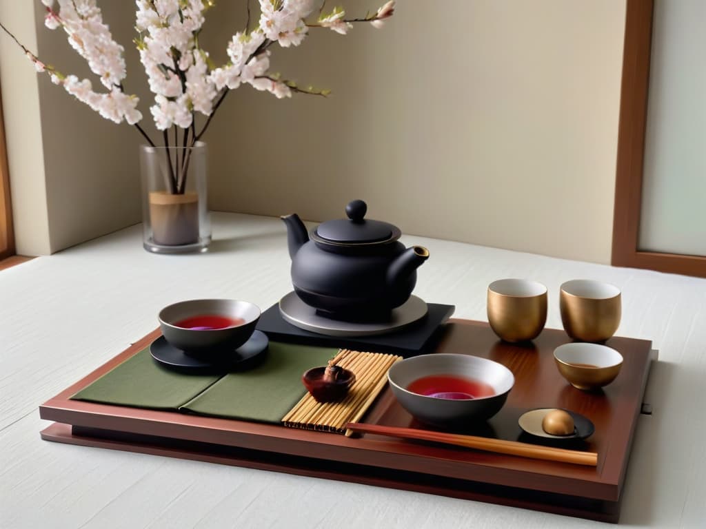  An ultradetailed 8k image of a serene, minimalist tea ceremony setting in Japan, featuring a traditional tatami room with sliding shoji doors, a small wooden table adorned with delicate tea cups, a meticulously arranged bamboo whisk, and a serene backdrop of a peaceful Zen garden with meticulously raked gravel patterns and a single blooming cherry blossom tree in the background. The image captures the essence of tranquility and mindfulness, inviting viewers to immerse themselves in the art of tea and Japanese hospitality. hyperrealistic, full body, detailed clothing, highly detailed, cinematic lighting, stunningly beautiful, intricate, sharp focus, f/1. 8, 85mm, (centered image composition), (professionally color graded), ((bright soft diffused light)), volumetric fog, trending on instagram, trending on tumblr, HDR 4K, 8K