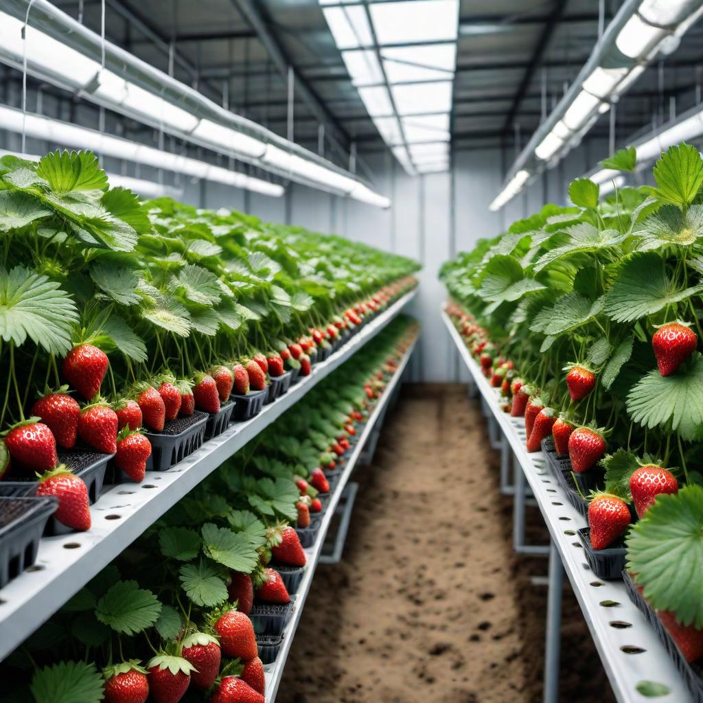  Generate images showcasing strawberries being grown hydroponically in different systems to illustrate the variety of cultivation methods. hyperrealistic, full body, detailed clothing, highly detailed, cinematic lighting, stunningly beautiful, intricate, sharp focus, f/1. 8, 85mm, (centered image composition), (professionally color graded), ((bright soft diffused light)), volumetric fog, trending on instagram, trending on tumblr, HDR 4K, 8K