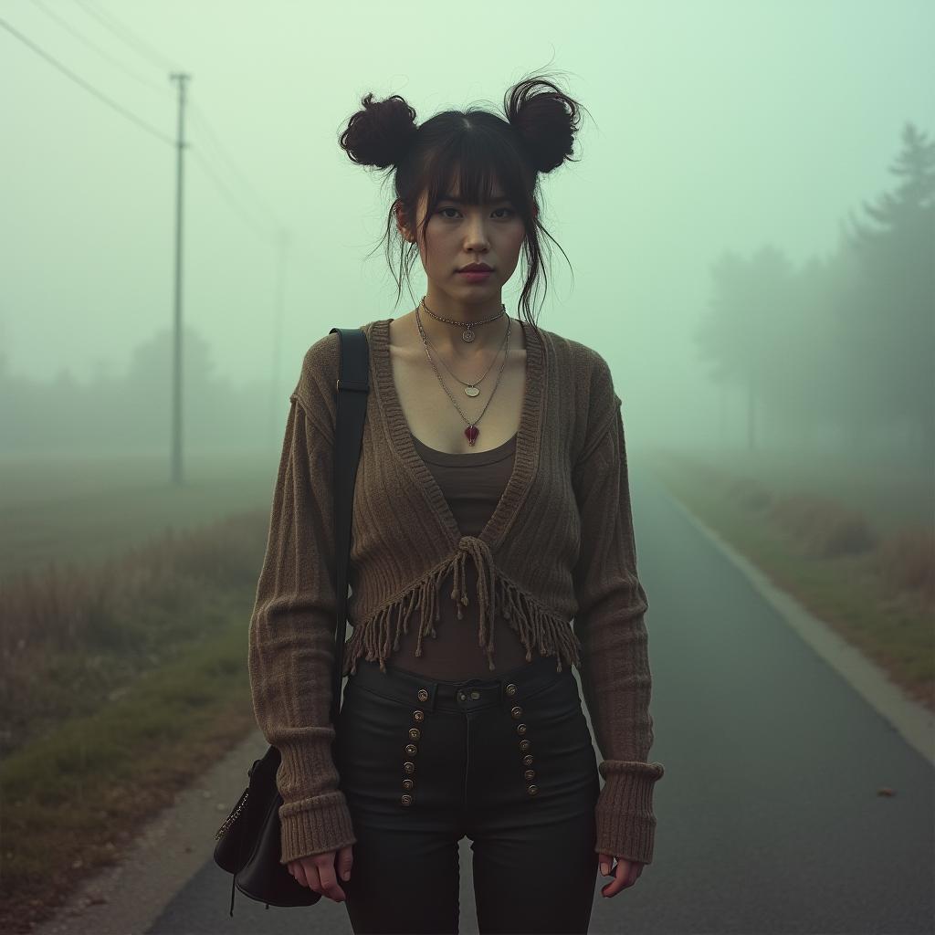  this editorial photography features a non binary senior with brunette hair styled in double buns. they are dressed in a bohemian outfit, complemented by combat boots and a tote bag as an accessory. the photo is captured using a leica sl2, known for its premium build and quality output, with a prime 35mm f/1.8 lens. the film used is cinestill 800t to enhance the foggy lighting ambiance, creating an intriguing visual texture.