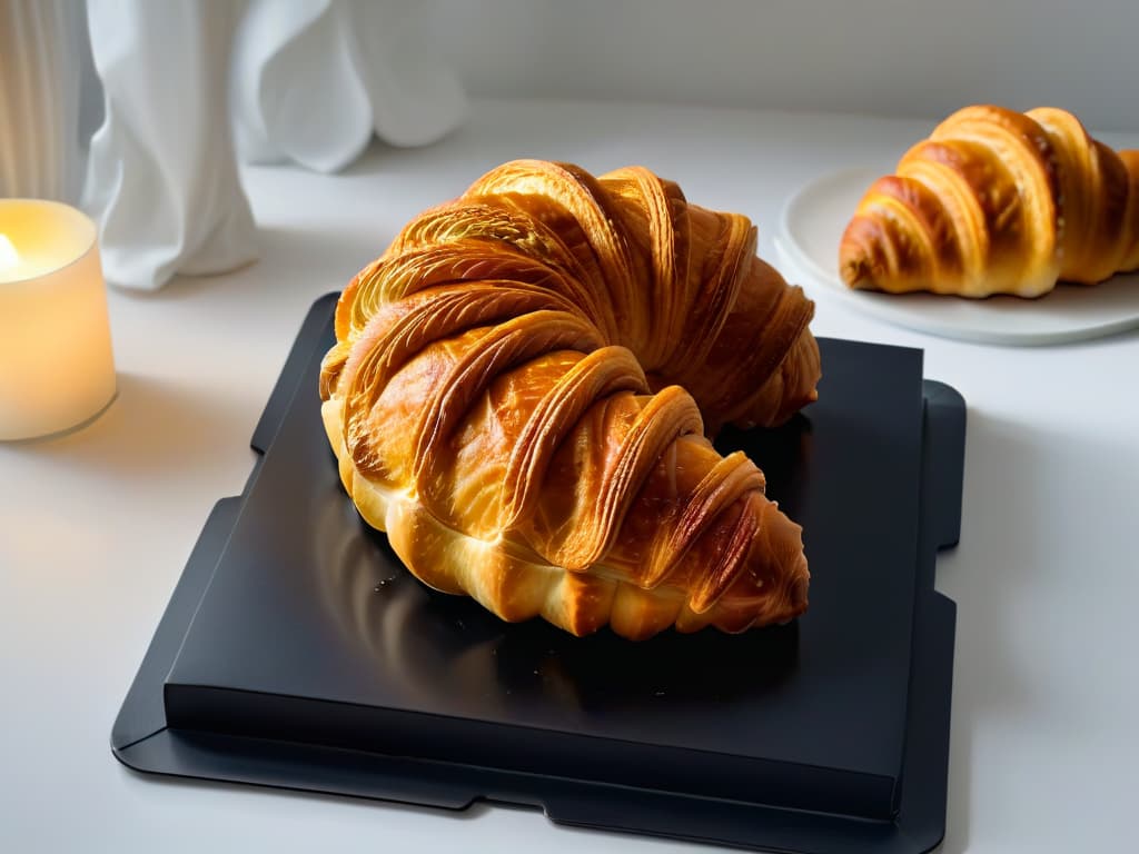  A closeup, ultradetailed image of a golden, flaky croissant freshly baked, with visible layers of buttery pastry shining in the light. The croissant sits on a sleek, matte black plate, against a simple, unobtrusive white background, emphasizing its rich texture and golden color. hyperrealistic, full body, detailed clothing, highly detailed, cinematic lighting, stunningly beautiful, intricate, sharp focus, f/1. 8, 85mm, (centered image composition), (professionally color graded), ((bright soft diffused light)), volumetric fog, trending on instagram, trending on tumblr, HDR 4K, 8K