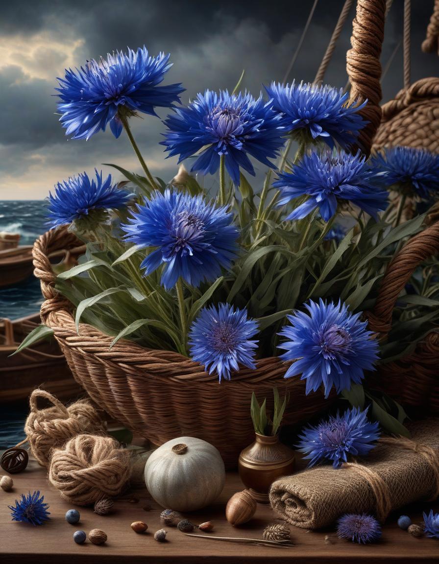  nautical themed Still life PNG cornflowers in antique style, digital painting, romantic atmosphere, aged colors, detailed buds, petals, flower stems, beautiful weave, Lucas Cranach the Elder style, high detail, 64K . sea, ocean, ships, maritime, beach, marine life, highly detailed hyperrealistic, full body, detailed clothing, highly detailed, cinematic lighting, stunningly beautiful, intricate, sharp focus, f/1. 8, 85mm, (centered image composition), (professionally color graded), ((bright soft diffused light)), volumetric fog, trending on instagram, trending on tumblr, HDR 4K, 8K