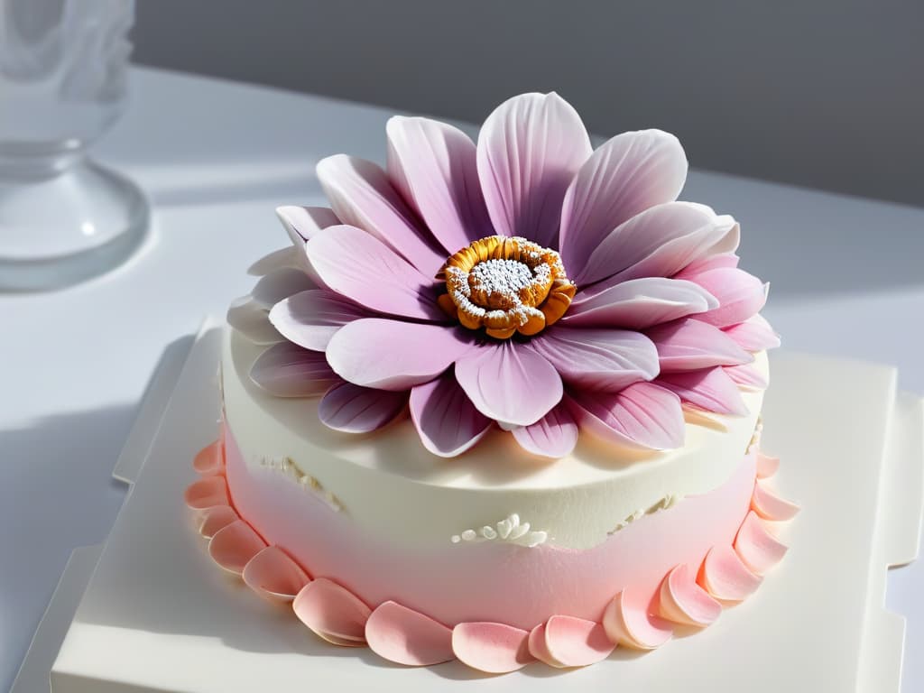  A closeup, ultradetailed image of a delicate, intricate sugar flower being meticulously crafted by skilled hands, set against a pristine white background. The petals glisten with realism, showcasing the artistry and precision involved in advanced pastry decoration techniques using augmented reality tools. Each petal and stamen is so impeccably rendered that every tiny detail is visible, offering a mesmerizing visual feast for the eyes of aspiring pastry chefs and technology enthusiasts alike. hyperrealistic, full body, detailed clothing, highly detailed, cinematic lighting, stunningly beautiful, intricate, sharp focus, f/1. 8, 85mm, (centered image composition), (professionally color graded), ((bright soft diffused light)), volumetric fog, trending on instagram, trending on tumblr, HDR 4K, 8K