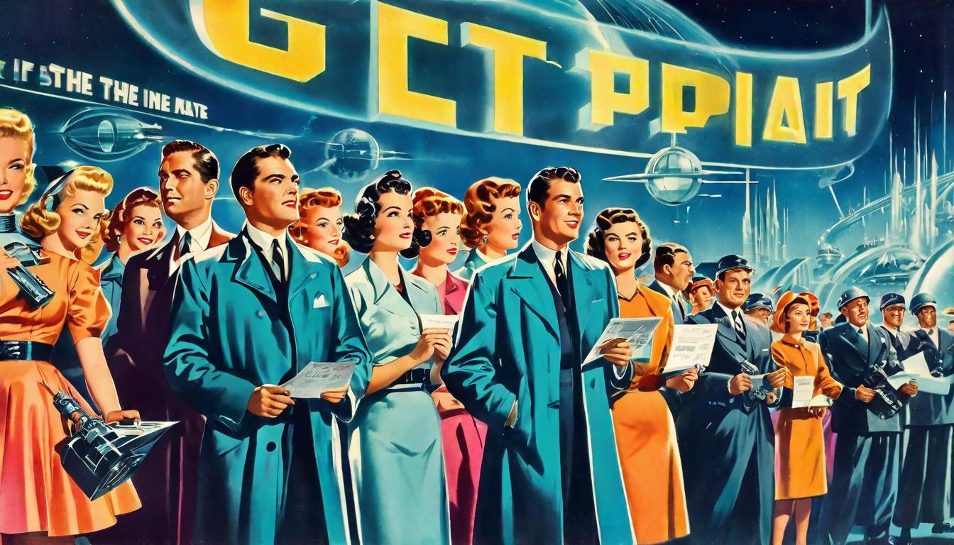  retro futuristic diverse group of people, intense expressions, holding protest signs, vivid, electric atmosphere lvintage sci fi, 50s and 60s style, atomic age, vibrant, highly detailed