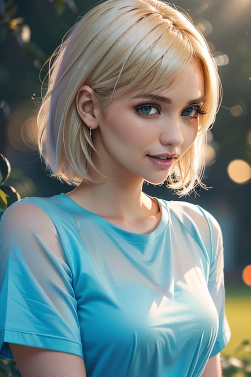  1girl,1girl,blonde short hair,straight hair,upper body shot,shirt,smile hyperrealistic, full body, detailed clothing, highly detailed, cinematic lighting, stunningly beautiful, intricate, sharp focus, f/1. 8, 85mm, (centered image composition), (professionally color graded), ((bright soft diffused light)), volumetric fog, trending on instagram, trending on tumblr, HDR 4K, 8K