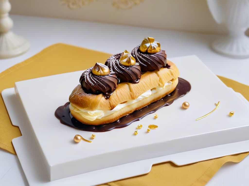  An 8k ultradetailed image of a pristine white plate elegantly decorated with a perfectly crafted eclair and a delicate profiterole, both exquisitely garnished with drizzles of rich chocolate sauce and a sprinkle of gold leaf. The desserts sit atop a sleek marble countertop, with soft natural light illuminating the scene, highlighting the intricate details of the desserts and creating a sense of sophistication and indulgence. hyperrealistic, full body, detailed clothing, highly detailed, cinematic lighting, stunningly beautiful, intricate, sharp focus, f/1. 8, 85mm, (centered image composition), (professionally color graded), ((bright soft diffused light)), volumetric fog, trending on instagram, trending on tumblr, HDR 4K, 8K