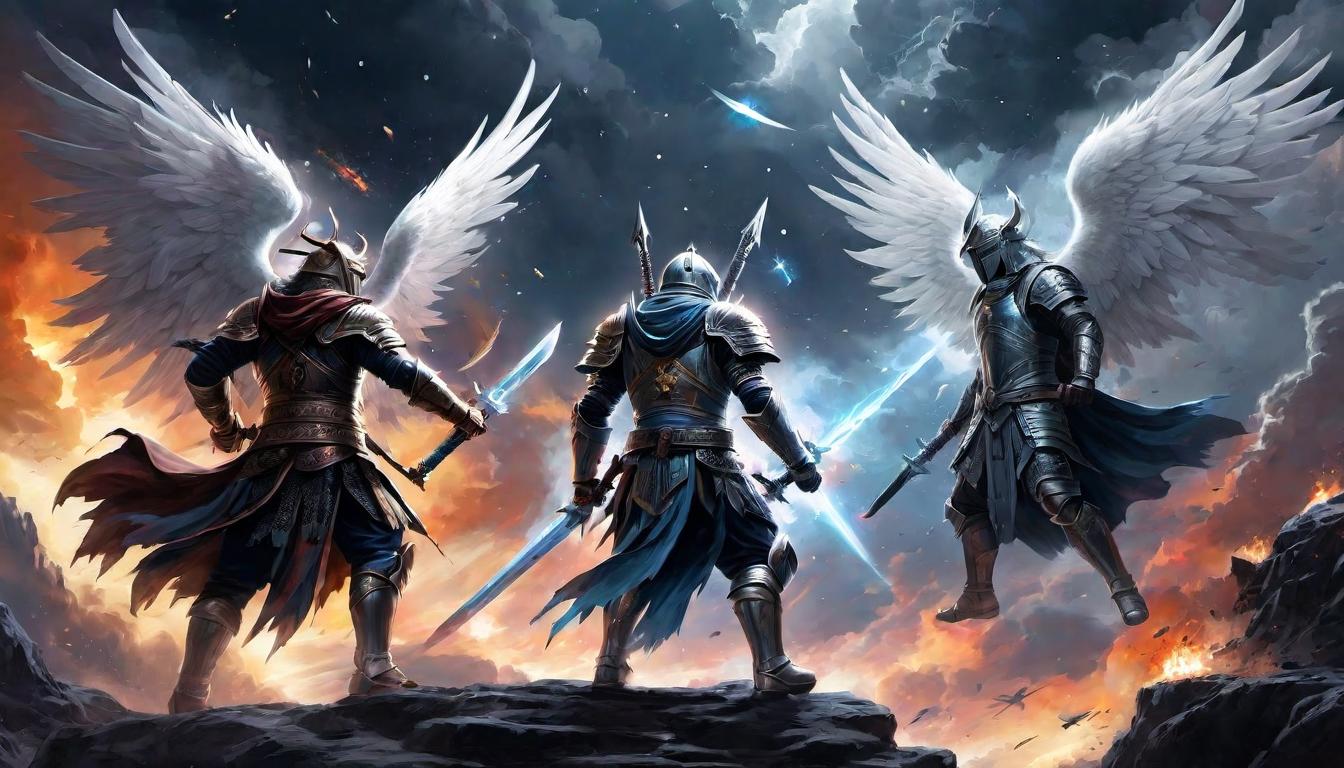  digital painting of Angelic warriors clashing with dark, ethereal entities, a spectacle in the heavens above, celestial vs. malevolent, a cosmic ballet, crescendo of conflict, dramatic, dualistic looking at viewer, dynamic pose, (intricate details, masterpiece, best quality)