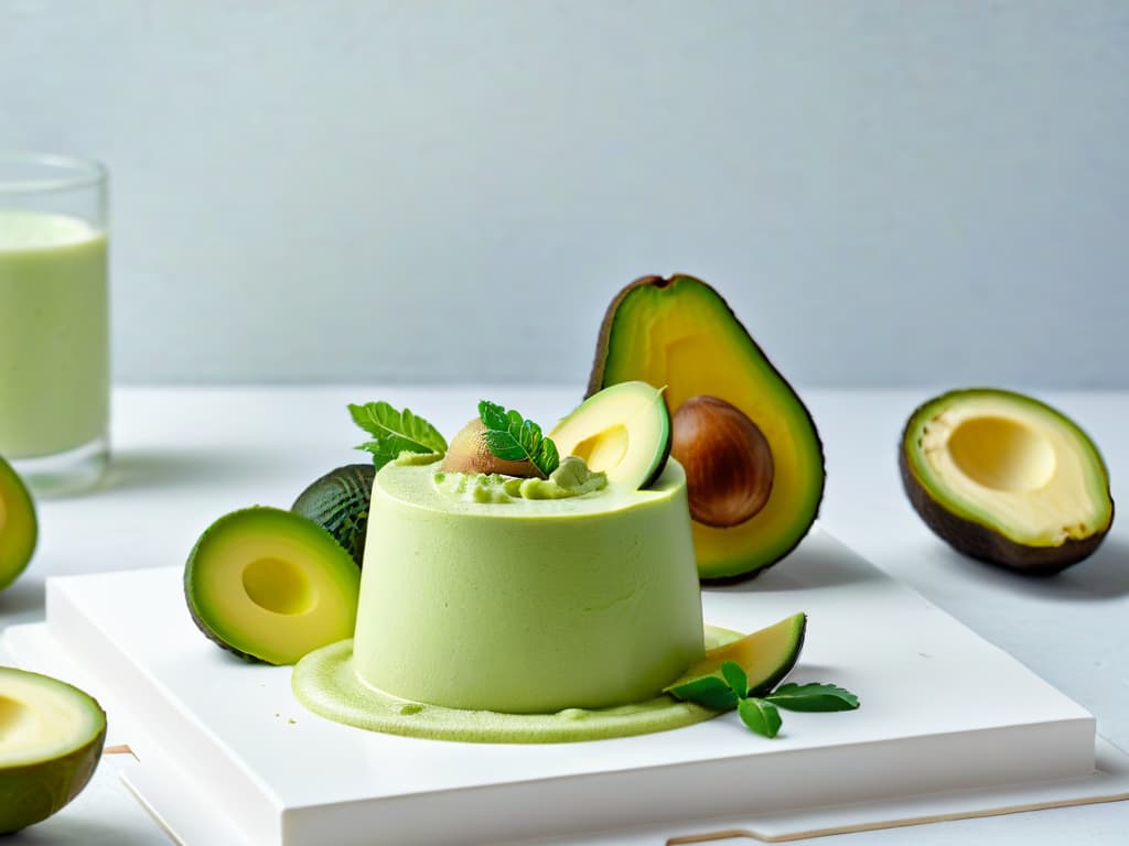  A highresolution image of a minimalist, elegant glass of lime and avocado mousse, beautifully layered with a smooth, creamy texture. The mousse is garnished with a delicate slice of lime and a sliver of ripe avocado, placed on a sleek, white marble surface. The lighting is soft, highlighting the pastel green hues of the mousse and the natural freshness of the ingredients, creating a visually appealing and appetizing composition. hyperrealistic, full body, detailed clothing, highly detailed, cinematic lighting, stunningly beautiful, intricate, sharp focus, f/1. 8, 85mm, (centered image composition), (professionally color graded), ((bright soft diffused light)), volumetric fog, trending on instagram, trending on tumblr, HDR 4K, 8K