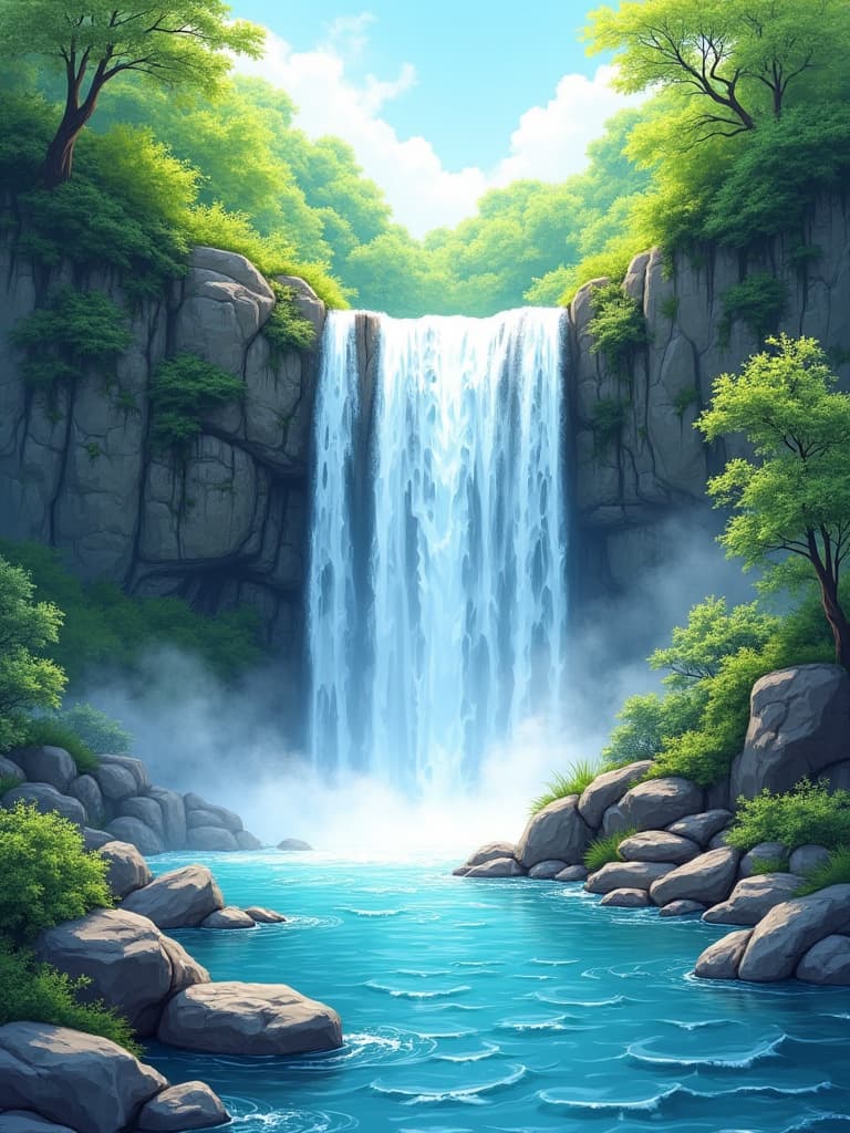  beautiful waterfall, nature, clip art, professional natural photo, (2d, pencil sketch, crisp edges, bold cartoon style outlines:1.4)