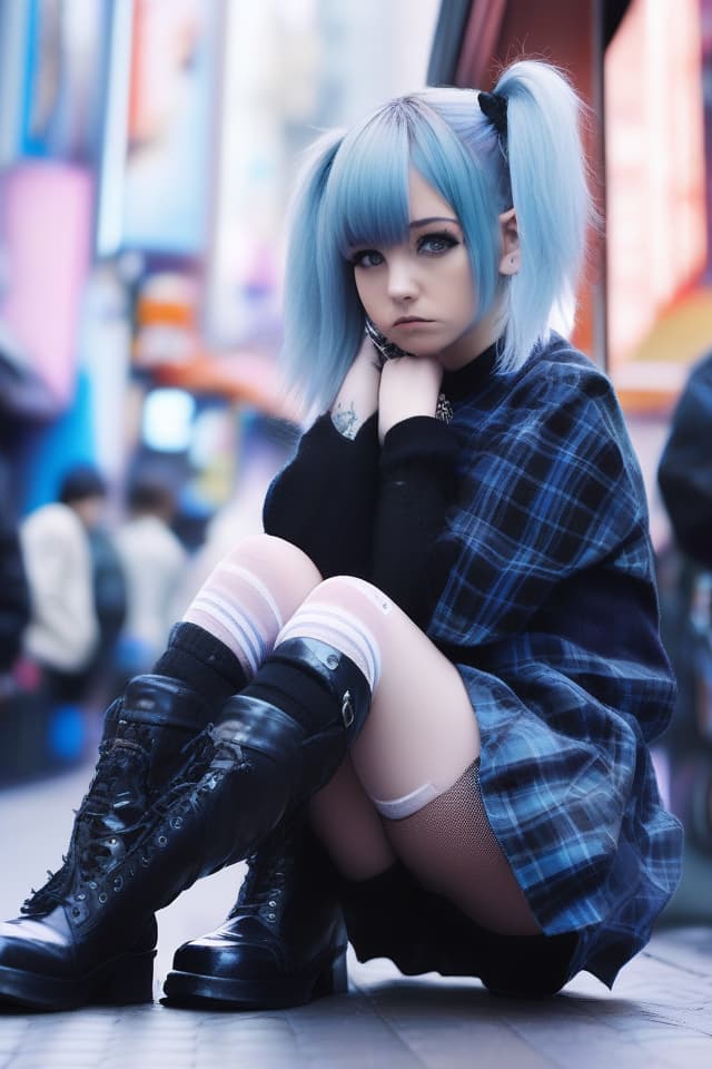  (absurdres,highres,superlative),((texture)),((contrast)),top quality,masterpiece face close up BREAK solo,girl,kawaii,(.zettai ryouiki),pastel blue hair,short hair,low twintail,(punk gothic lolita style,wearing plaid dress,striped thighhighs,patent leather platform short boots,(squat at street of akihabara),(covering privates,covering crotch),