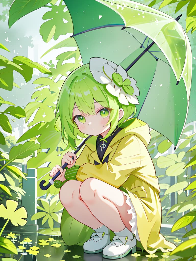  A yellow raincoat with an umbrella green haired girl, squatting and staring at the four leaf clover, masterpiece, best quality,8k,ultra detailed,high resolution,an extremely delicate and beautiful,hyper detail