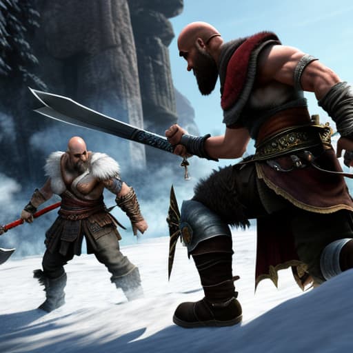  in style of 3D game, kratos killing baldur