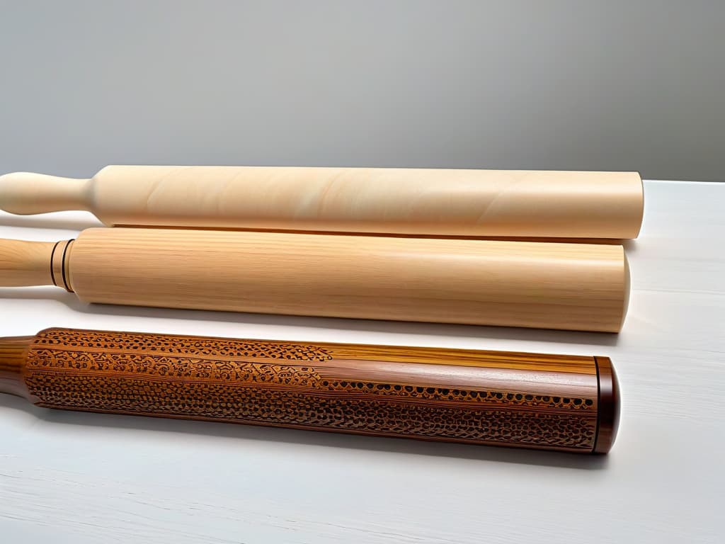  A closeup, ultradetailed image of three different types of rolling pins side by side on a sleek, modern kitchen countertop. The first rolling pin is made of smooth, polished wood with intricate carvings, showcasing its traditional charm. The second rolling pin is crafted from elegant white marble, exuding a sense of luxury and sophistication. The third rolling pin is a vibrant silicone option in a bold color, highlighting its modern and practical design. Each rolling pin is perfectly lit to enhance its unique texture and features, creating a visually striking and informative image for the article. hyperrealistic, full body, detailed clothing, highly detailed, cinematic lighting, stunningly beautiful, intricate, sharp focus, f/1. 8, 85mm, (centered image composition), (professionally color graded), ((bright soft diffused light)), volumetric fog, trending on instagram, trending on tumblr, HDR 4K, 8K