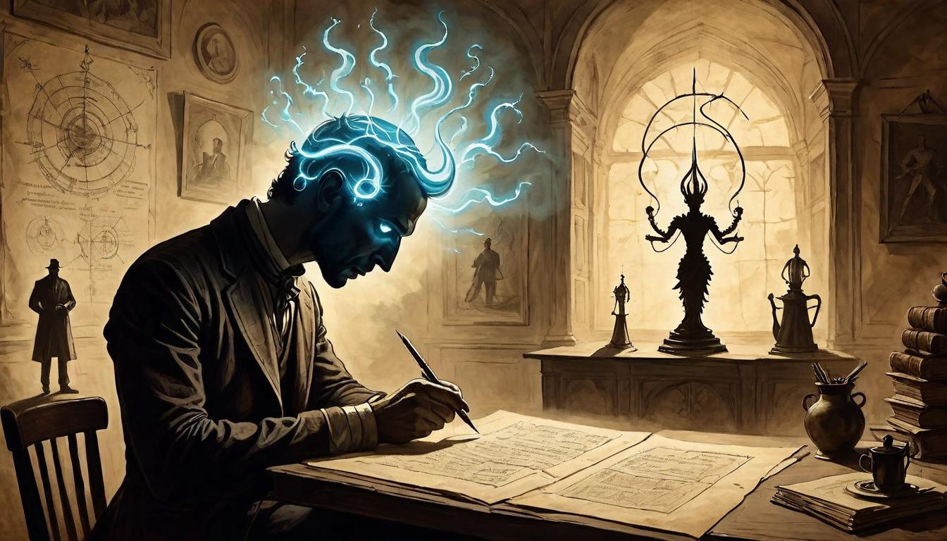  on parchment, surrealism+++, A silhouette of an innovative mind, illuminated by a flash of inspiration in a room filled with shadows, unique opportunity, the spark of creativity, enlightenment in darkness(mysterious, provocative, symbolic,muted color)+++