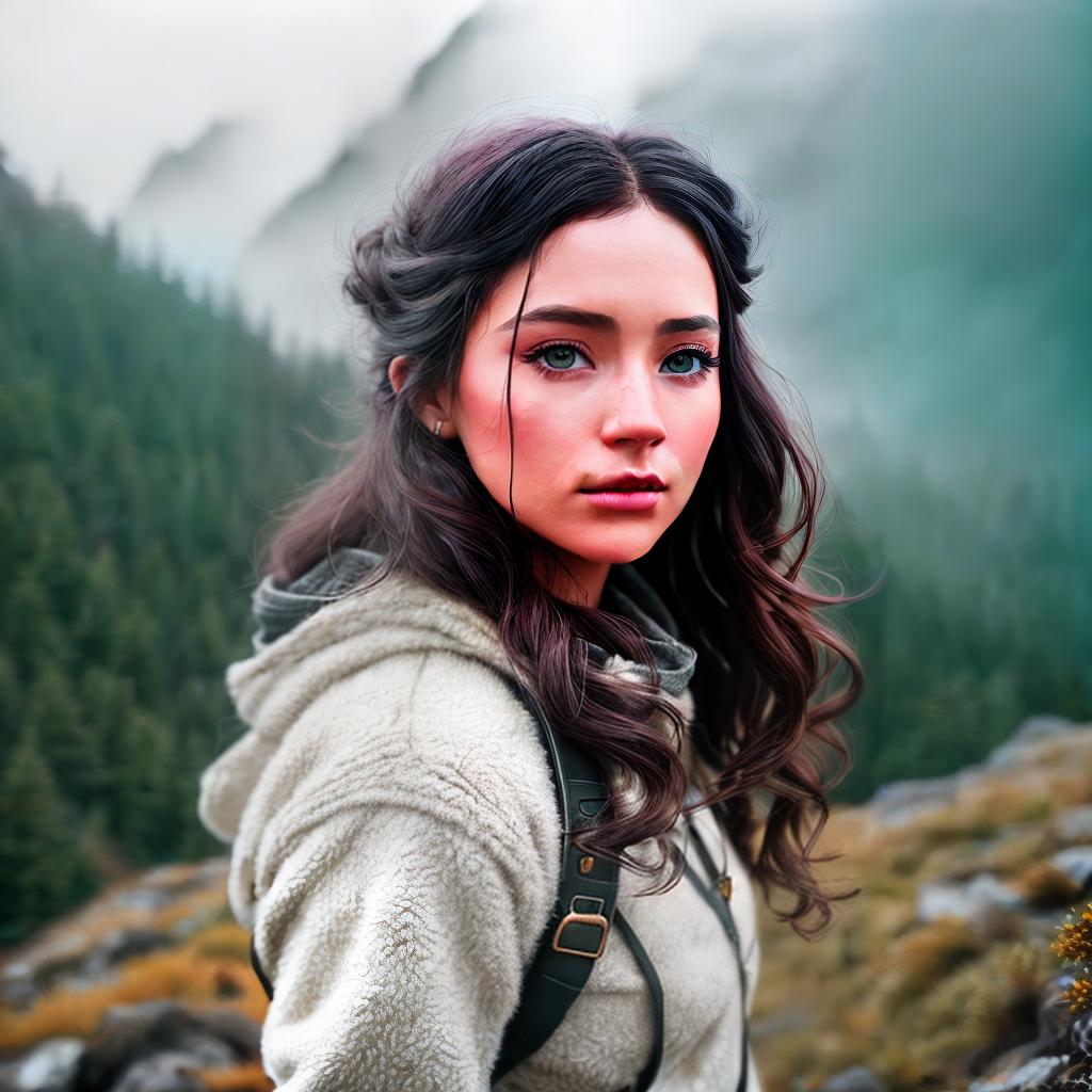  mountain girl ,highly detailed, cinematic lighting, stunningly beautiful, intricate, sharp focus, f1. 8, 85mm, (centered image composition), (professionally color graded), ((bright soft diffused light)), volumetric fog, trending on instagram, trending on tumblr, HDR 4K, 8K