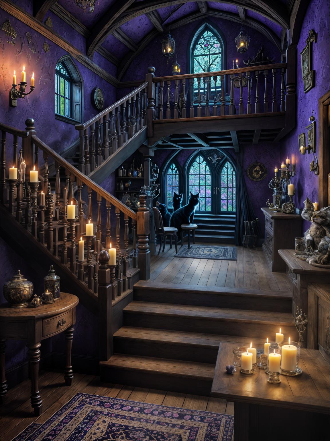  master piece, best quality, ultra detailed, highres, 4k.8k, Witch, Arranging potion bottles, Serious, BREAK Realistic interior, Purple walls, Wooden staircase with a black cat, Witch's room., Witch's room, Potion bottles, Broomstick, Spellbooks, Cauldron, BREAK Mysterious and enchanting, Soft candlelight, Faint magical aura, BoneyardAI