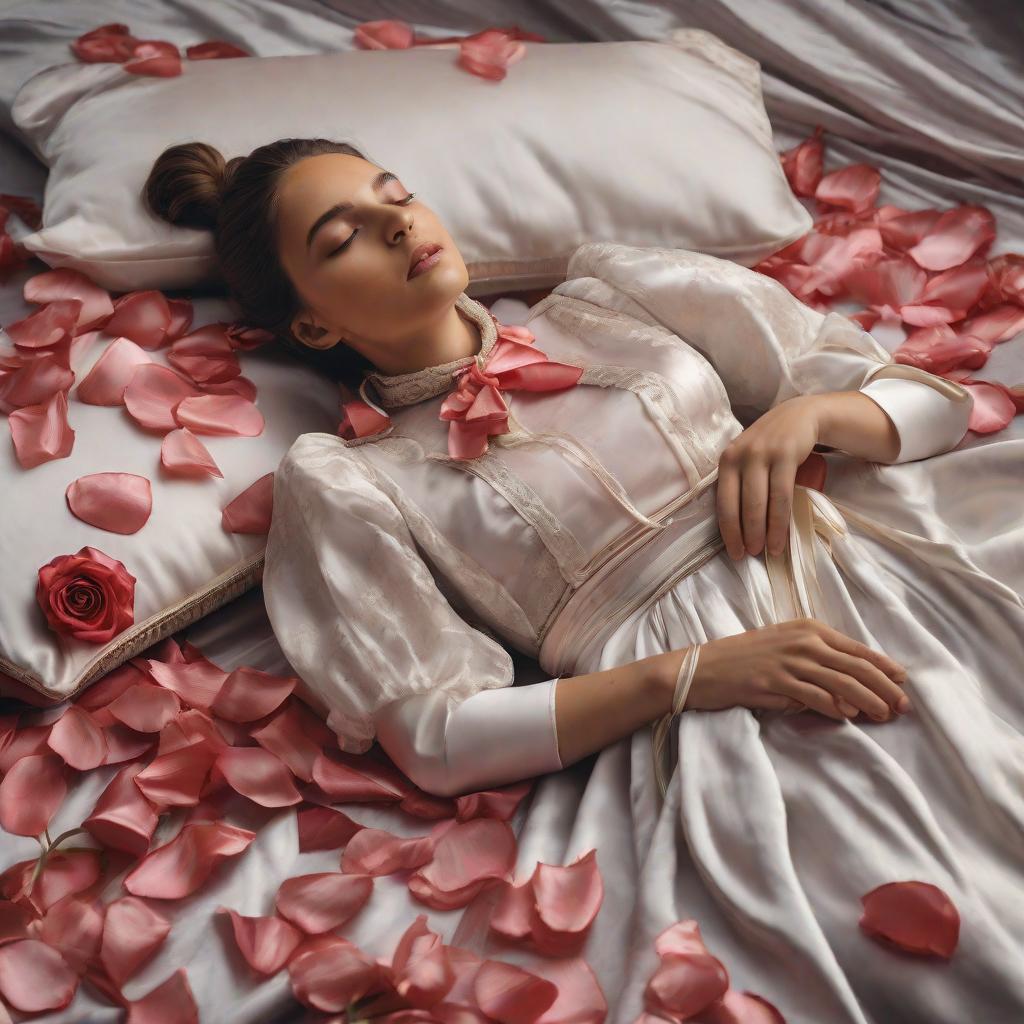  masterpiece, best quality, realistic photo of an eight yea wearing a silk ribbon and a choker. She is lying on her back, and her wrists are tied to the pillow with silk ribbons. There are rose petals everywhere.