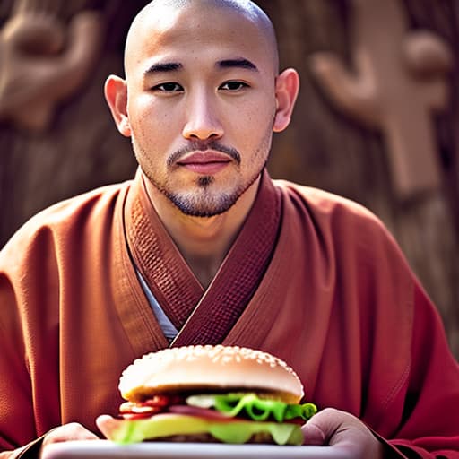 portrait+ style monje shaolin sentado en una piedra en medio del bosque, comiendo hamburguesa