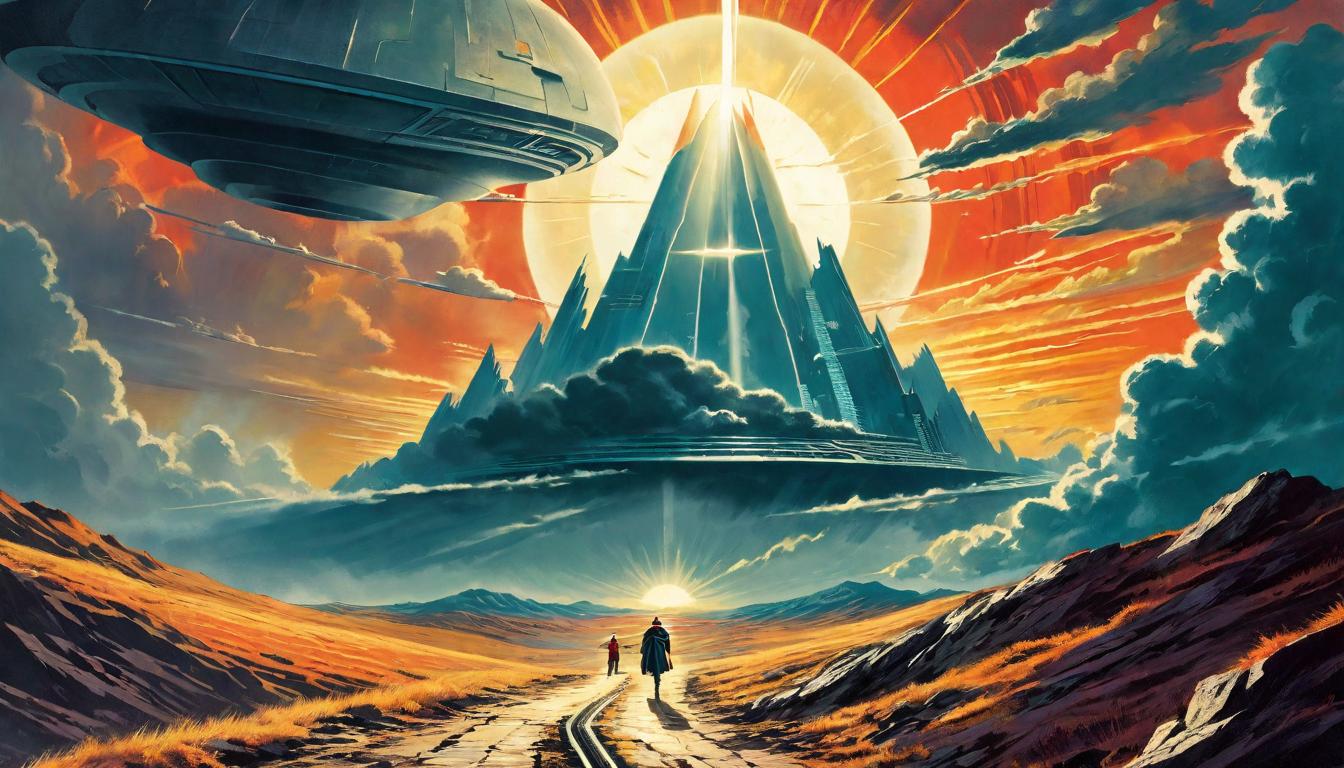  retro futuristic A dawning sun breaking through heavy clouds, casting light over a rugged path, symbol of hope, overcoming adversity, emergence of new pathways lvintage sci fi, 50s and 60s style, atomic age, vibrant, highly detailed