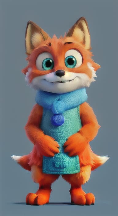  {Error the fox pressing the blue button with his paw, looking puzzled as nothing occurs., Error is a small, bright orange fox with a fluffy tail and big, inquisitive eyes. He has a mischievous yet kind expression and wears a tiny green scarf.