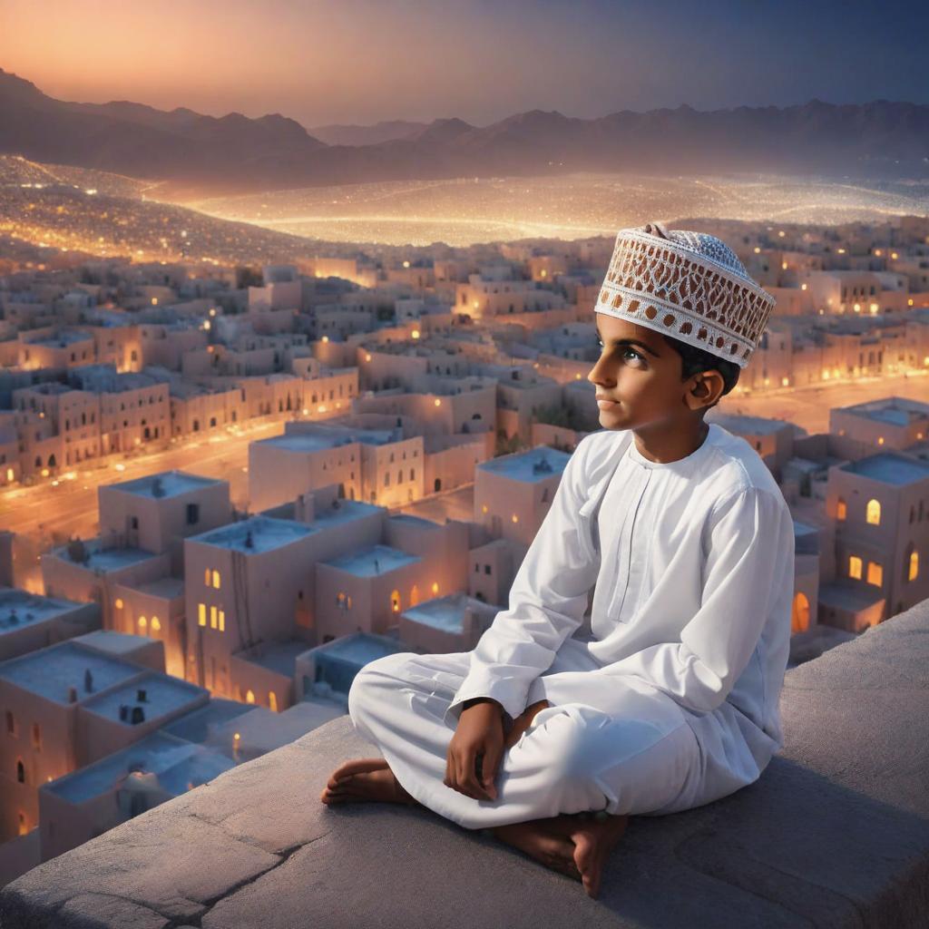  a photo  of a omani boy sitting in front of a city at night, a detailed matte painting , shutterstock contest winner, fantasy art, matte painting, fantasy, storybook illustration