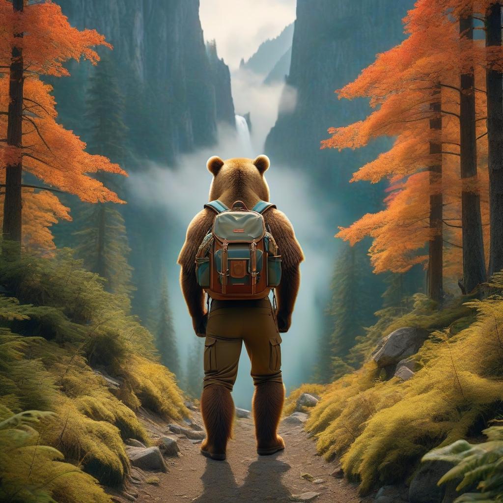  Art Deco style The forest, the mountains, the bear, the tourist with the large backpack is tired, fantasy. . geometric shapes, bold colors, luxurious, elegant, decorative, symmetrical, ornate, detailed hyperrealistic, full body, detailed clothing, highly detailed, cinematic lighting, stunningly beautiful, intricate, sharp focus, f/1. 8, 85mm, (centered image composition), (professionally color graded), ((bright soft diffused light)), volumetric fog, trending on instagram, trending on tumblr, HDR 4K, 8K