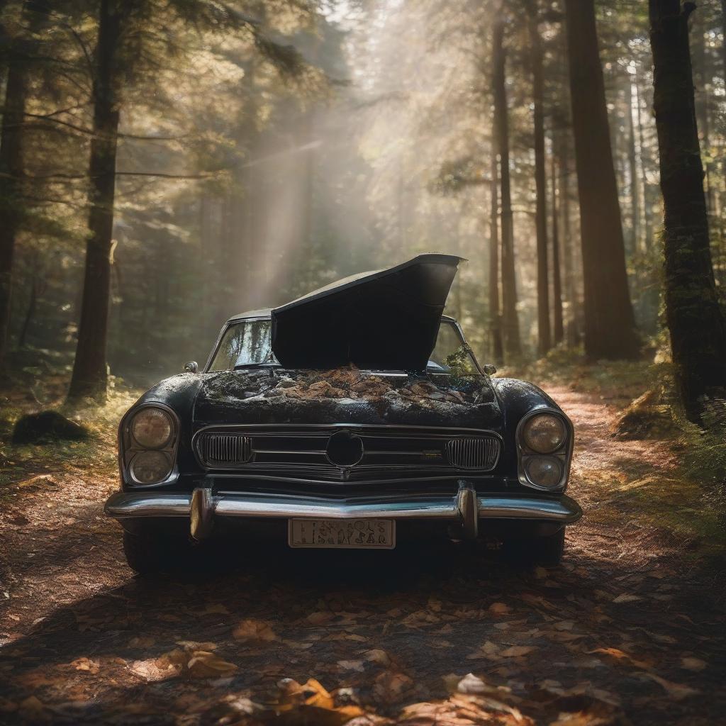  cinematic film still The skull lies on the hood of a black car in the forest. . shallow depth of field, vignette, highly detailed, high budget, bokeh, cinemascope, moody, epic, gorgeous, film grain, grainy hyperrealistic, full body, detailed clothing, highly detailed, cinematic lighting, stunningly beautiful, intricate, sharp focus, f/1. 8, 85mm, (centered image composition), (professionally color graded), ((bright soft diffused light)), volumetric fog, trending on instagram, trending on tumblr, HDR 4K, 8K