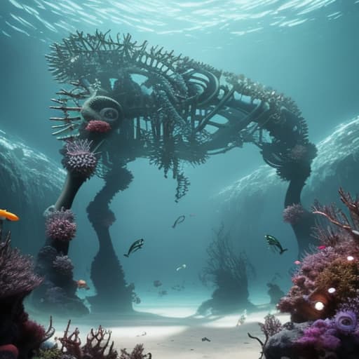  Deep in the ocean, a colossal skeleton is adorned with vibrant algae and microscopic creatures, creating a beautiful and eerie sanctuary. This skeletal wonder serves as a poignant reminder of nature's resilience, the interconnectedness of life, and the inevitability of death. hyperrealistic, full body, detailed clothing, highly detailed, cinematic lighting, stunningly beautiful, intricate, sharp focus, f/1. 8, 85mm, (centered image composition), (professionally color graded), ((bright soft diffused light)), volumetric fog, trending on instagram, trending on tumblr, HDR 4K, 8K