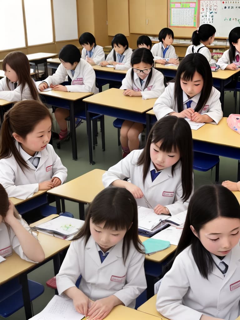  Japan,
science laboratory,
completely ,
one person,
Female elementary  students