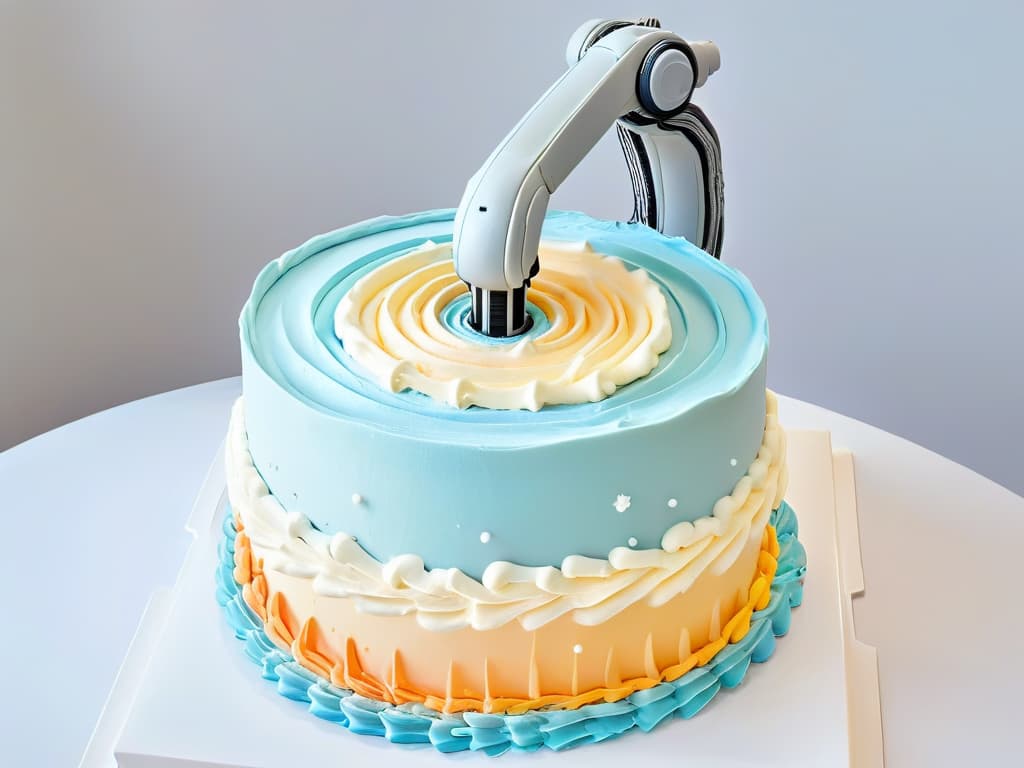  A mesmerizing closeup image of a sleek, futuristic robotic arm meticulously piping intricate swirls of pastelcolored frosting onto a perfectly crafted multilayered cake. The precision of the robot's movements is highlighted by the smooth lines and flawless symmetry of the dessert, showcasing the seamless blend of innovation and culinary artistry in the world of pastry robots. hyperrealistic, full body, detailed clothing, highly detailed, cinematic lighting, stunningly beautiful, intricate, sharp focus, f/1. 8, 85mm, (centered image composition), (professionally color graded), ((bright soft diffused light)), volumetric fog, trending on instagram, trending on tumblr, HDR 4K, 8K