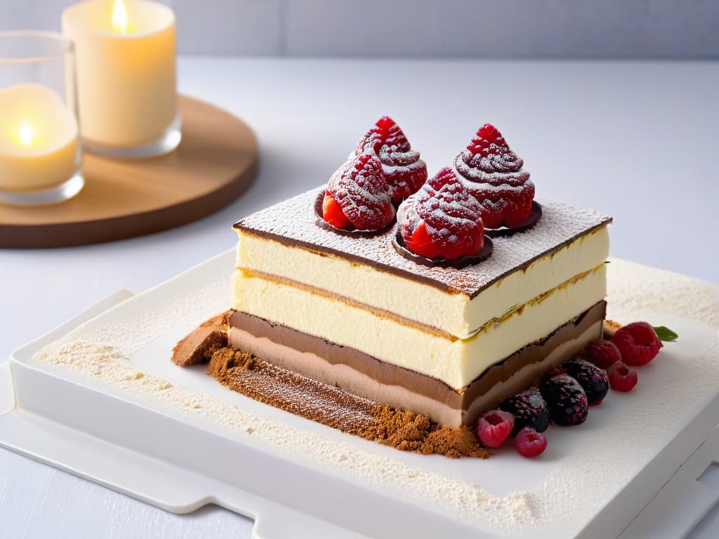  A closeup, ultradetailed image of a freshly prepared slice of tiramisu placed elegantly on a white, minimalist plate. The tiramisu is garnished with a light dusting of cocoa powder and a single vibrant red raspberry on top, showcasing layers of creamy mascarpone and espressosoaked ladyfingers. The focus is on the intricate textures and delicate balance of colors, creating a visually stunning and mouthwatering composition. hyperrealistic, full body, detailed clothing, highly detailed, cinematic lighting, stunningly beautiful, intricate, sharp focus, f/1. 8, 85mm, (centered image composition), (professionally color graded), ((bright soft diffused light)), volumetric fog, trending on instagram, trending on tumblr, HDR 4K, 8K