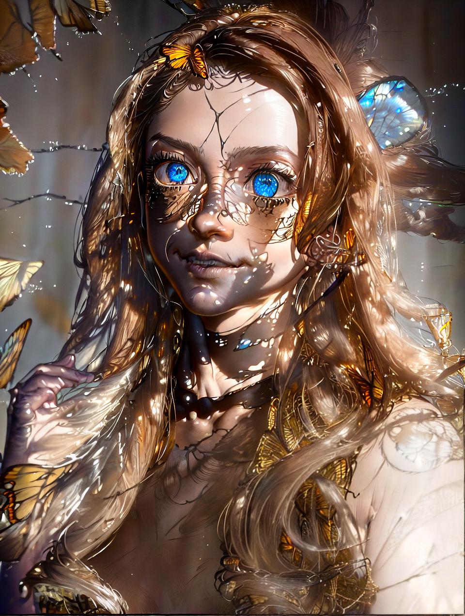  8k portrait of beautiful cyborg with brown hair, intricate, elegant, highly detailed, majestic, digital photography, art by artgerm and ruan jia and greg rutkowski surreal painting gold butterfly filigree, broken glass, (masterpiece, sidelighting, finely detailed beautiful eyes: 1.2), hdr, <lora:more details:0.2> 
