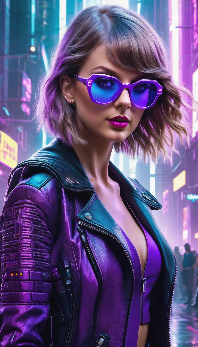  Cyberpunk style depiction of Taylor Swift in purple glasses . The scene is set in a world where technology has advanced, but society and human conditions have not, creating a gritty, dystopian atmosphere. hyperrealistic, full body, detailed clothing, highly detailed, cinematic lighting, stunningly beautiful, intricate, sharp focus, f/1. 8, 85mm, (centered image composition), (professionally color graded), ((bright soft diffused light)), volumetric fog, trending on instagram, trending on tumblr, HDR 4K, 8K