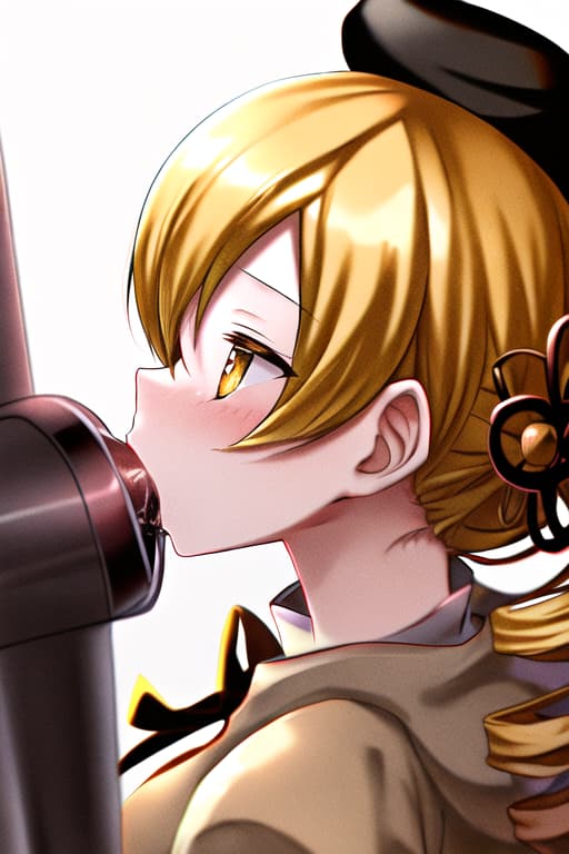  tomoe mami,large,puella magi madoka magica,short long hair,bangs are side parted hair,yellow hair,drill hair,wearing tight,yellow neck ribbon ,black mini cap,,vacuum fellatio,:>=,,fellatio,,view from behind,face focus,1 long,fellatio with head held by hand,in mouth,