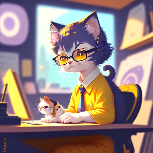 in OliDisco style cartoon kitten. cute anthropomorphic kitten. cute cartoon. cute vtuber. wearing glasses. desk. sitting in a char. reading. cute atwork. inspired by manga master. cute core. cat_ cat. cute digital art.