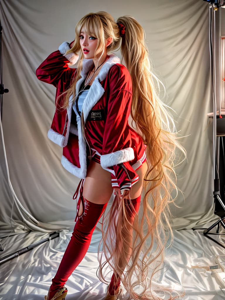  long hair,absurdly long hair,gyaru,ponytail,messy hair, hair,open mouth,drooling,saliva trail,unconscious,,santa, dress,bare legs, old  hyperrealistic, full body, detailed clothing, highly detailed, cinematic lighting, stunningly beautiful, intricate, sharp focus, f/1. 8, 85mm, (centered image composition), (professionally color graded), ((bright soft diffused light)), volumetric fog, trending on instagram, trending on tumblr, HDR 4K, 8K