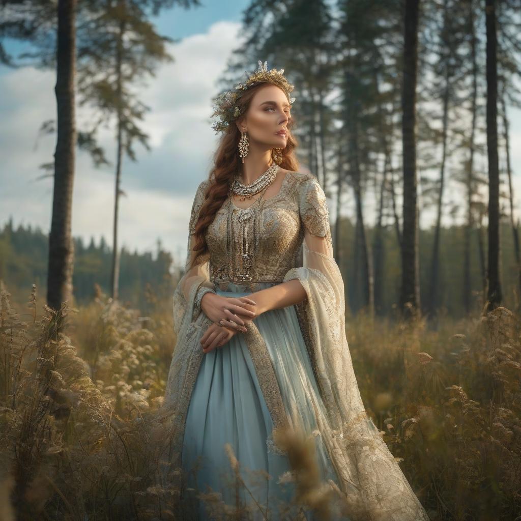  A , beautiful, in a vintage Slavic outfit, with jewellery and earrings, Russian style celets. Behind her, there's a forest and the sea. In the background, a light blue sky with white clouds. hyperrealistic, full body, detailed clothing, highly detailed, cinematic lighting, stunningly beautiful, intricate, sharp focus, f/1. 8, 85mm, (centered image composition), (professionally color graded), ((bright soft diffused light)), volumetric fog, trending on instagram, trending on tumblr, HDR 4K, 8K