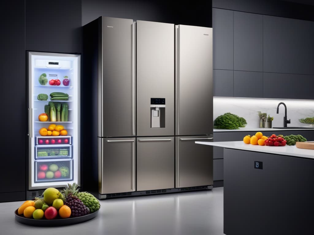  A sleek, modern kitchen with a stainless steel doubledoor refrigerator and a matching upright freezer, both fully stocked with colorful arrays of fresh fruits, vegetables, and plantbased products. The lighting in the kitchen is soft and ambient, enhancing the vibrant colors of the produce while highlighting the clean, minimalist design of the appliances. The overall aesthetic is inviting and sustainable, appealing to a healthconscious and environmentallyaware audience. hyperrealistic, full body, detailed clothing, highly detailed, cinematic lighting, stunningly beautiful, intricate, sharp focus, f/1. 8, 85mm, (centered image composition), (professionally color graded), ((bright soft diffused light)), volumetric fog, trending on instagram, trending on tumblr, HDR 4K, 8K