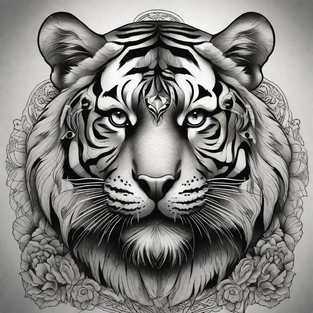  masterpiece, best quality,A fierce black and white tiger tattoo, The tiger's eyes are intense and seem to pierce through, while the intricate details in its stripes give it a lifelike appearance.,