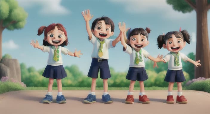  {Picture the children waving with happy faces., The friends wave with excitement.