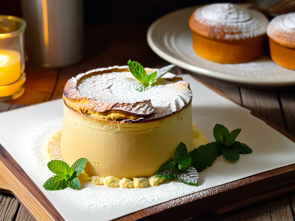  A beautifully plated soufflé de castañas resting on a rustic wooden table, dusted with powdered sugar and garnished with a sprig of fresh mint. The soufflé is perfectly risen, showcasing a goldenbrown hue on top, with a delicate hint of steam rising from its fluffy interior. The background features a cozy kitchen setting with warm lighting, a copper pot simmering on the stove, and a bowl of chestnuts nearby, evoking a sense of autumnal comfort and culinary artistry. hyperrealistic, full body, detailed clothing, highly detailed, cinematic lighting, stunningly beautiful, intricate, sharp focus, f/1. 8, 85mm, (centered image composition), (professionally color graded), ((bright soft diffused light)), volumetric fog, trending on instagram, trending on tumblr, HDR 4K, 8K