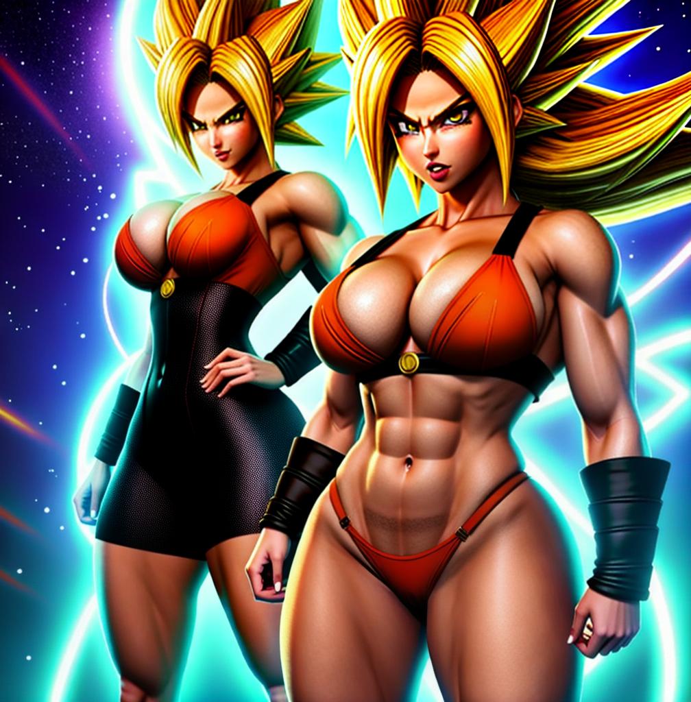  ((foto de cuerpo completo, pie plano, cuerpo recto)), ((laura {Super Super Saiyan mujer con grandes pechos})), ((lleva puesto son goku+Los disfraces de ella son extremadamente ajustados a su cuerpo.))