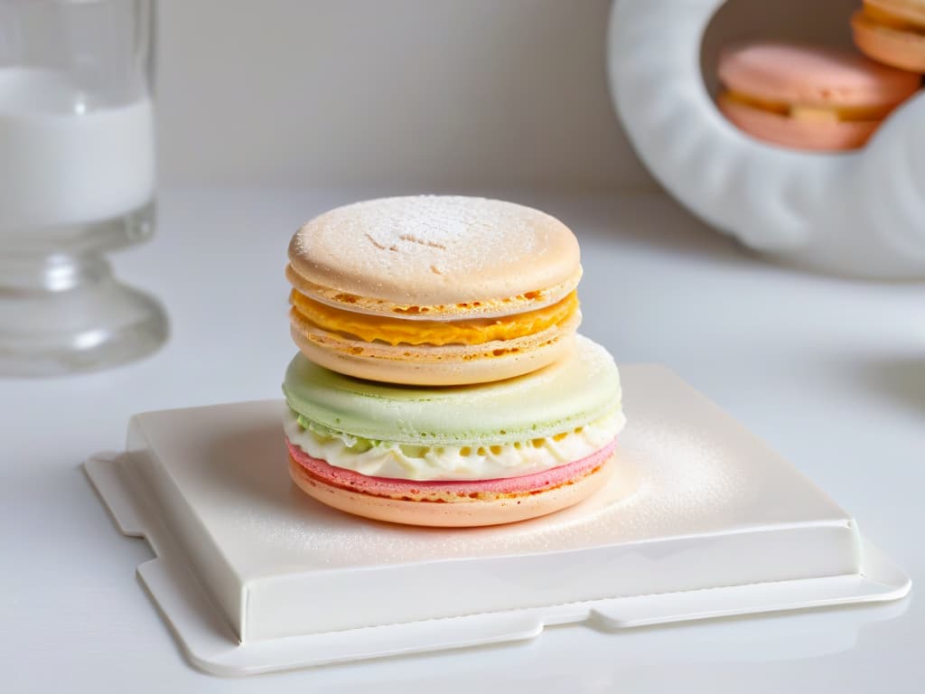  A closeup, ultradetailed image of a delicate, intricately crafted French macaron sitting on a pristine white porcelain plate. The macaron is perfectly smooth, with a glossy shell reflecting soft ambient light, showcasing a gradient of pastel colors blending seamlessly. Tiny, precise details like delicate ridges and a dusting of edible shimmer add to its allure, inviting the viewer to appreciate the artistry and complexity behind this iconic international pastry. hyperrealistic, full body, detailed clothing, highly detailed, cinematic lighting, stunningly beautiful, intricate, sharp focus, f/1. 8, 85mm, (centered image composition), (professionally color graded), ((bright soft diffused light)), volumetric fog, trending on instagram, trending on tumblr, HDR 4K, 8K