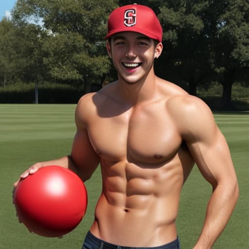  hot college  guy no shirt laughing  red ball caps