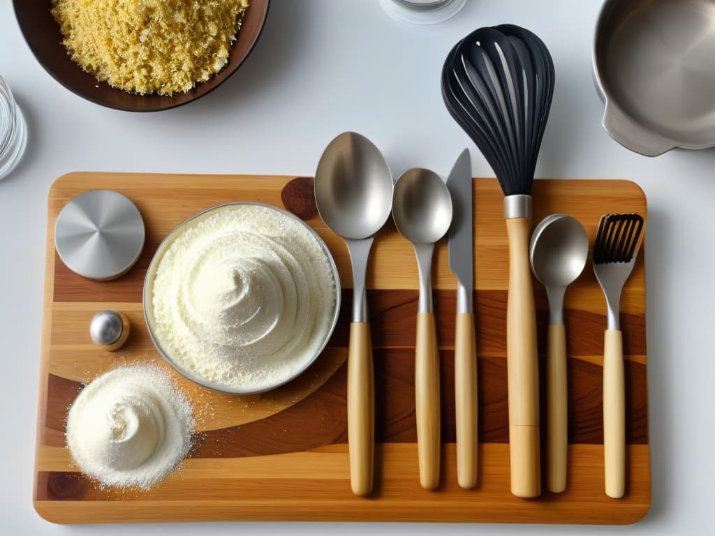  An ultradetailed image of a sleek, modern kitchen countertop adorned with ecofriendly vegan baking utensils made from sustainable bamboo, recycled materials, and stainless steel. The utensils are neatly arranged and include measuring cups, spoons, whisks, spatulas, and rolling pins, all exuding a sense of sophistication and environmental consciousness. The image captures the essence of ecofriendly baking tools while maintaining a minimalist aesthetic, with soft lighting enhancing the textures and details of each utensil. hyperrealistic, full body, detailed clothing, highly detailed, cinematic lighting, stunningly beautiful, intricate, sharp focus, f/1. 8, 85mm, (centered image composition), (professionally color graded), ((bright soft diffused light)), volumetric fog, trending on instagram, trending on tumblr, HDR 4K, 8K