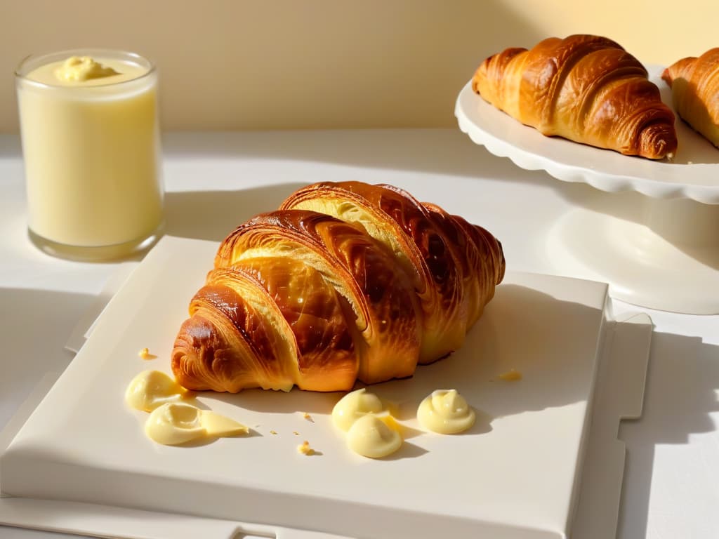  An ultradetailed image of a golden, flaky croissant fresh out of the oven, with a pat of rich European butter slowly melting on top, showcasing the butter's high fat content and the indulgent quality it lends to baked goods. The croissant is delicately placed on a sleek, modern white plate, set against a soft, blurred background that accentuates the goldenbrown color and buttery texture of the pastry. hyperrealistic, full body, detailed clothing, highly detailed, cinematic lighting, stunningly beautiful, intricate, sharp focus, f/1. 8, 85mm, (centered image composition), (professionally color graded), ((bright soft diffused light)), volumetric fog, trending on instagram, trending on tumblr, HDR 4K, 8K