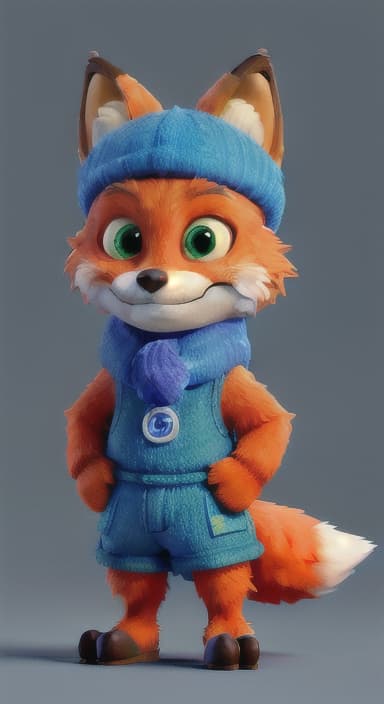  {Error the fox pressing the blue button with his paw, looking puzzled as nothing occurs., Error is a small, bright orange fox with a fluffy tail and big, inquisitive eyes. He has a mischievous yet kind expression and wears a tiny green scarf.